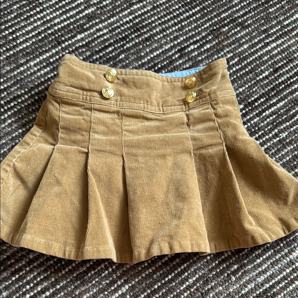 Stylish Tan Pleated Skirt with Gold Buttons